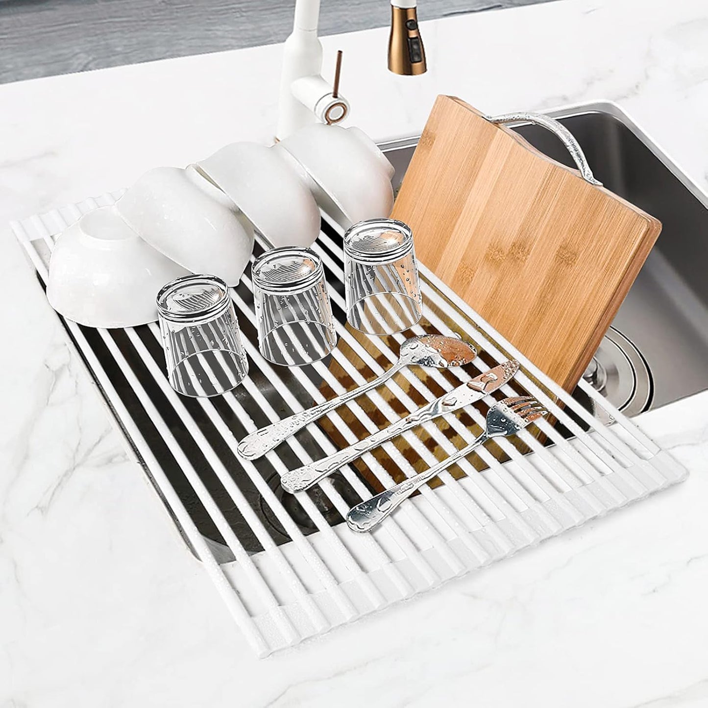 MERRYBOX Triangle Roll Up Dish Drying Rack Over The Sink, 2025 Anti-Rust Sink Drying Rack with Full Silicone Wrapped for Top of Corner, Anti-Slip Organizer for Kitchen