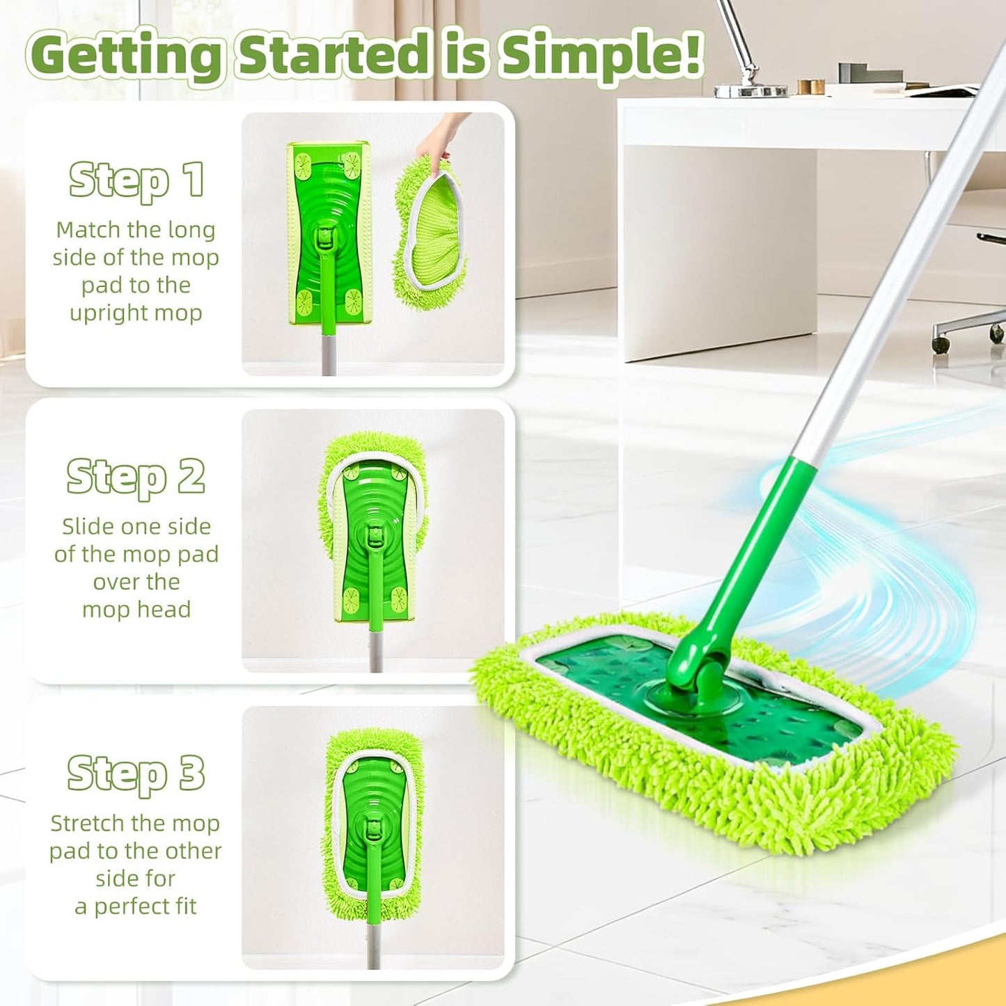 Reusable Mop Pads Compatible with Swiffer Sweeper Mop, Washable Wet Pads Refill & Chenille Dry Sweeping Cloths, Microfiber Mop Pads for Use on All Sealed Floors - Wood, Laminate, Stone & Tile (6 Blue)