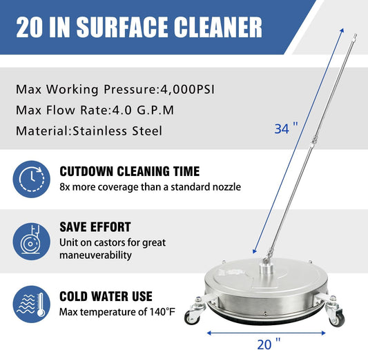 JANZ 30'' Pressure Washer Surface Cleaner with 4 Wheels,Dual Handle,Stainless Steel Housing, 2 Hose Adapters and 4 Replacement Nozzle Cores,Ideal for Driveways, Sidewalks,Patios,Decks Cleaning