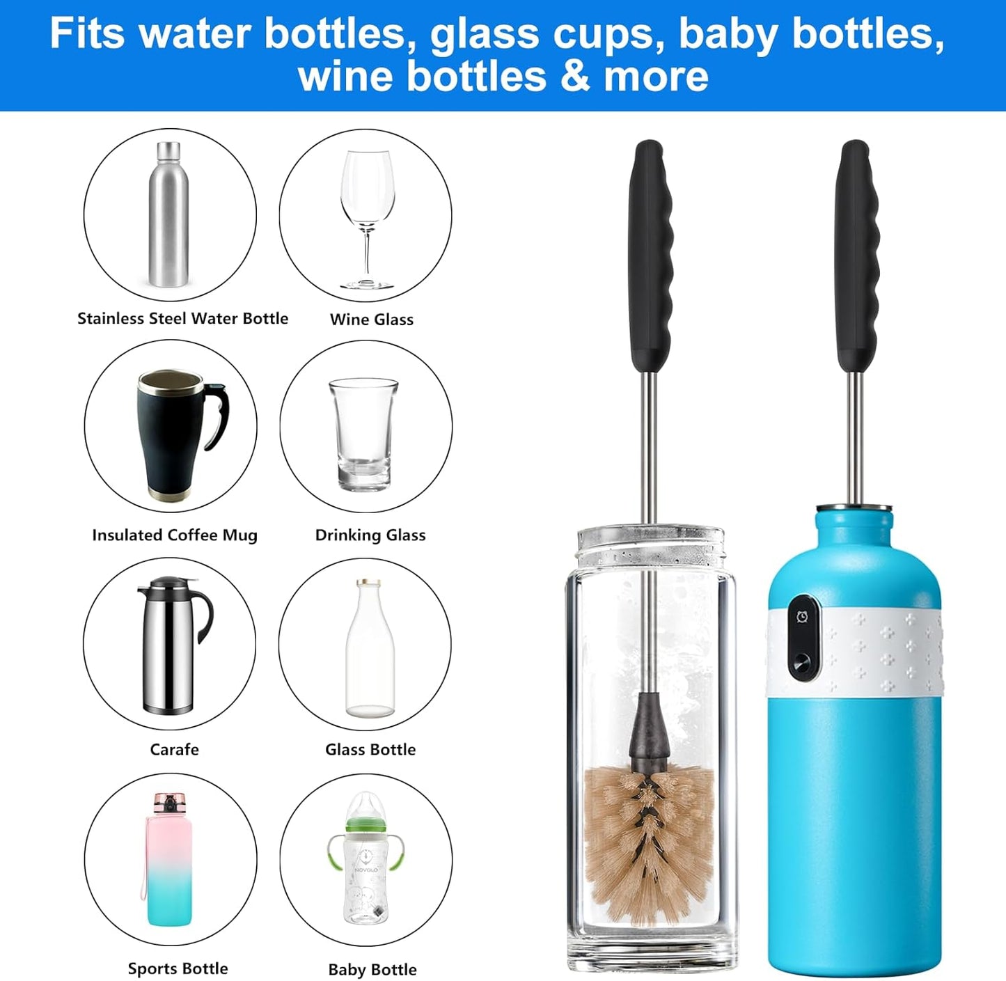 Bottle Brush,15-inch Long, Bottle Brush Cleaner, Bottle Scrubber, Kitchen Scrub Brush Suitable for Water Bottles, Cups, Glasses, Baby Bottles, Wine Glasses, (1, Blue)