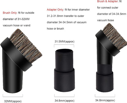 Round Dust Brush 25mm Soft Horse Hair 1.25” Vacuum Attachment Replacement with 1-1/4" to 1-3/8 Horse Adapter