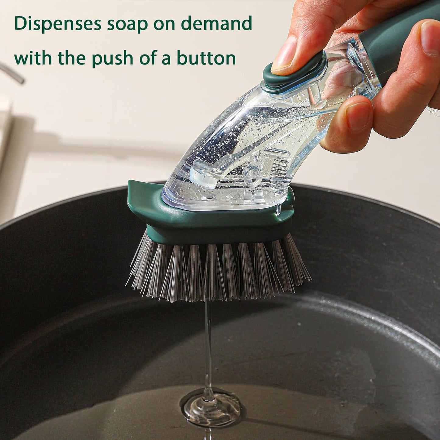 DAPOWER Soap Dispensing Dish Brush with Handle, Kitchen Scrub Brush for Dishes Pots Pans Sink Cleaning (Grayish Blue)