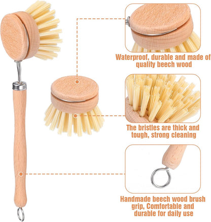 10 Pack Fiber Bristle 2-Inch All-Purpose Kitchen Dish Scrub Brush with Beechwood Handle - Dish Brush with Hooked Handle for Pots, Pans, and Kitchen Utensils - Made in Germany