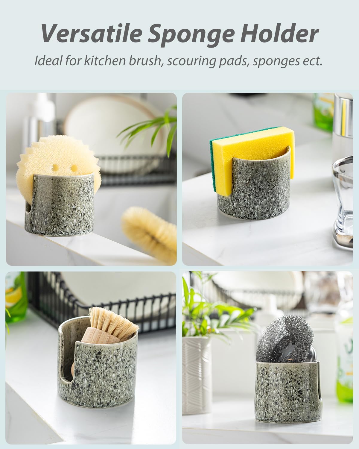 Zoeeker Sponge Holder for Kitchen Sink, Ceramic Dish Sponge Dish Rack Scrubby Caddy Kitchen Organizer Cute Sink Caddy Organizer, Farmhouse Decor, Speckled Glaze
