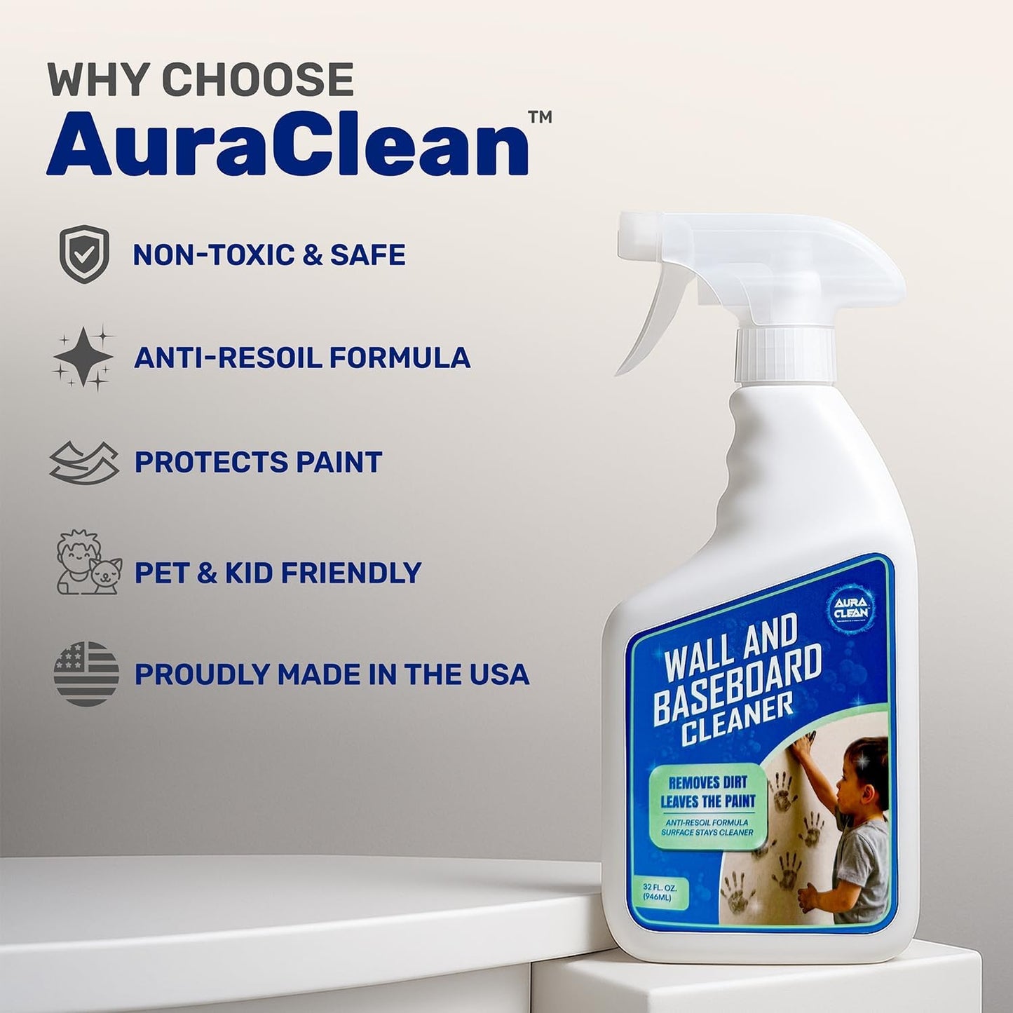Gentle Wall & Baseboard Cleaner - Safe for Painted Walls & Trim | Non-Toxic, No-Rinse Spray | Anti-Resoil, Streak-Free Finish for Everyday Cleaning | 32 oz (1 Quart) | Made in USA