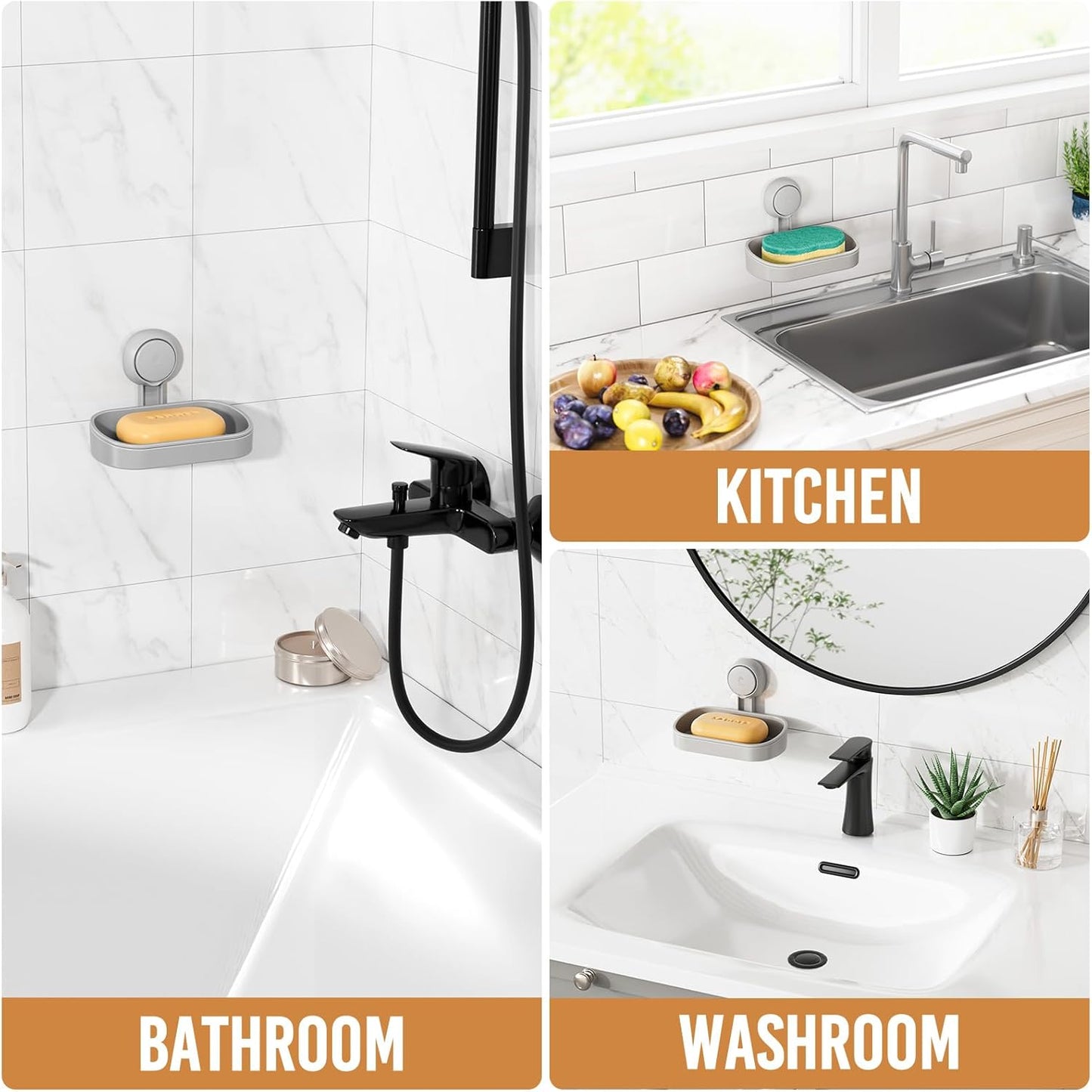 LEVERLOC Soap Holder Shower with Hooks, Bar Suction Cup Soap Dish Tray for Wall, Rust-Proof Stainless Steel Sponge Caddy for Bathroom Accessories Organizer Bathtub Kitchen Sink, Black