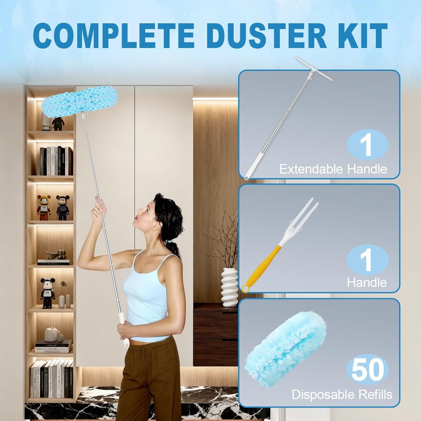 50Pcs Duster Refill Compatible with Swiffer Hand Duster +4FT Extended Handle +1 Handle, 360° Heavy Duty Duster Refills Kit for Cleaning, Office, Ceiling Fan, Baseboard & Blind