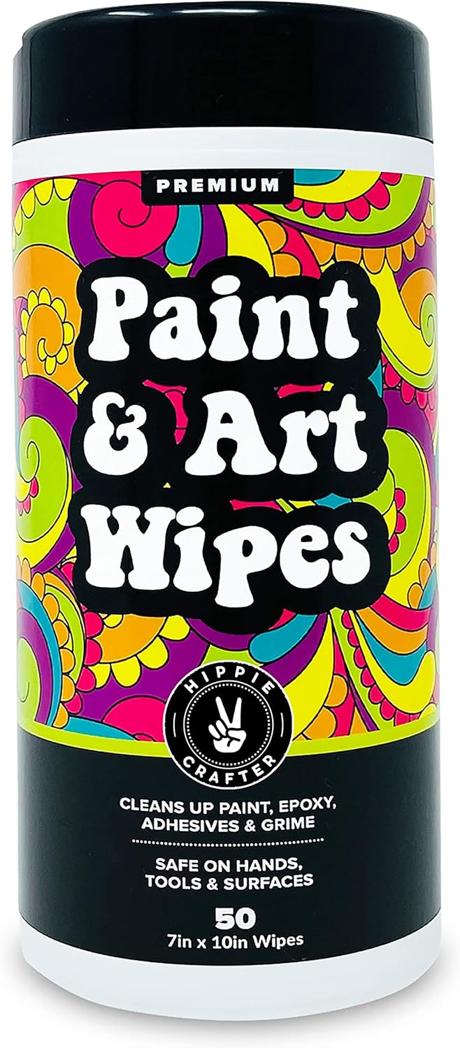 HIPPIE CRAFTER Paint and Art Wipes, 1 Pack (50 Piece) Heavy-Duty Cleaning Wipes for Paint, Epoxy, Glue, Latex & Acrylic Stains, Safe for Hands, Brushes, Plastic, Metal, Wood & Floors