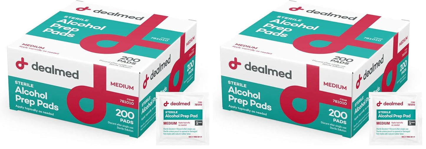 Dealmed 200 Sterile Alcohol Prep Pads Isopropyl Wipes Individually Wrapped Medium Square, 2-Ply for Cuts Scrapes and General Cleansing