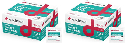Dealmed 200 Sterile Alcohol Prep Pads Isopropyl Wipes Individually Wrapped Medium Square, 2-Ply for Cuts Scrapes and General Cleansing