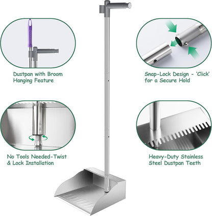 Metal Broom with Dustpan Combo Set-Long Handle Broom with Dustpan,Heavy Duty Standing Dust Pan & Soft Bristles Brooms,Indoor Outdoor Dust Pan Brooms for Home Office Lobby Floor