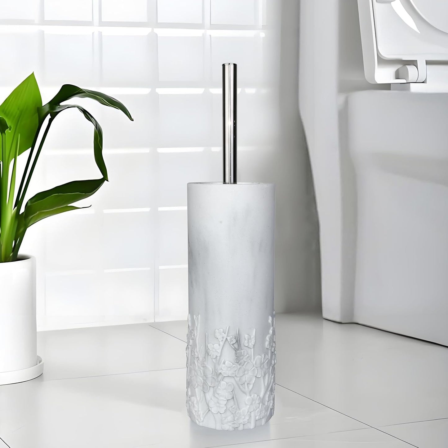 White Floral Branches Design Resin Toilet Bowl Brush and Holder Set, Elegant Bathroom Cleaning Tool with Durable Bristles, Compact and Functional