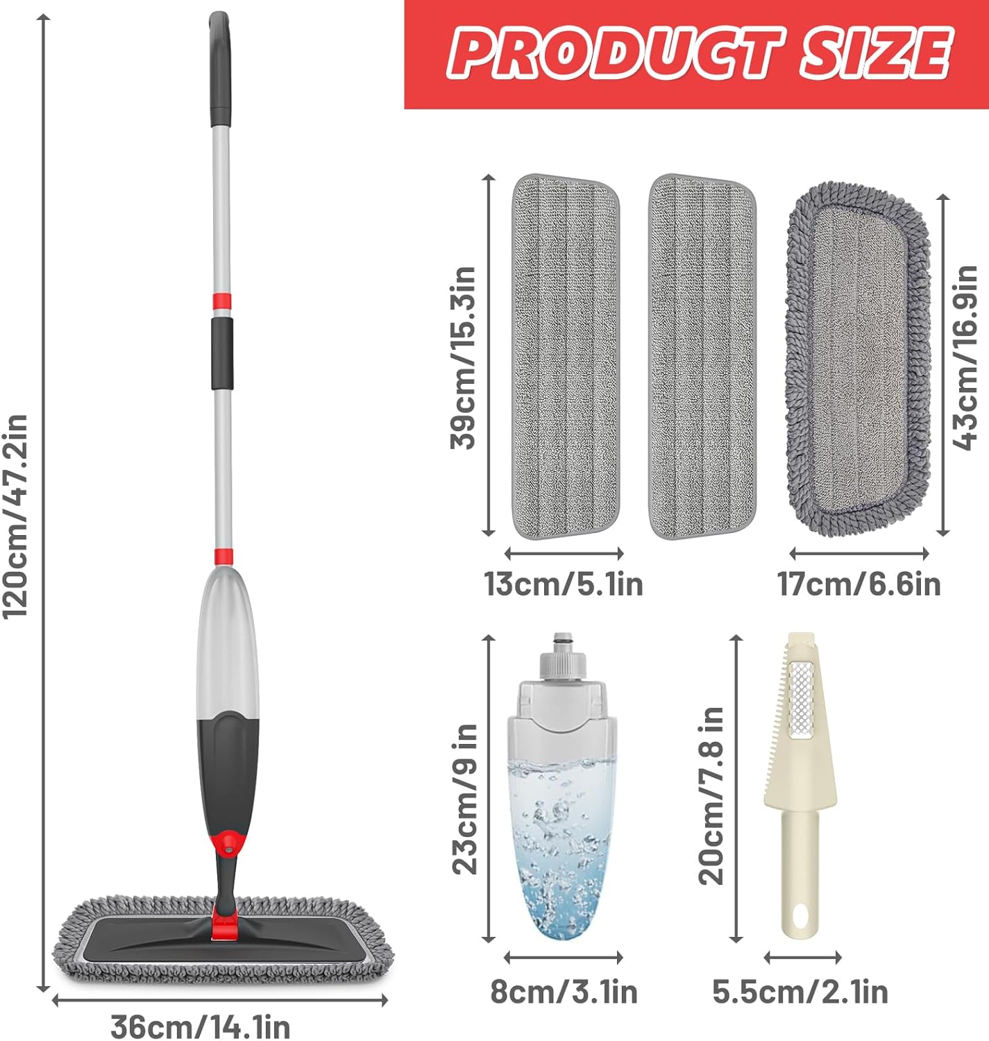 HOMTOYOU Spray Mops for Floor Cleaning: Wet Mop for Hardwood Tile Wood Laminate Vinyl - 3 Washable Microfiber Pads for Swiffer Powermop - Absorbs Pet Hair Dust