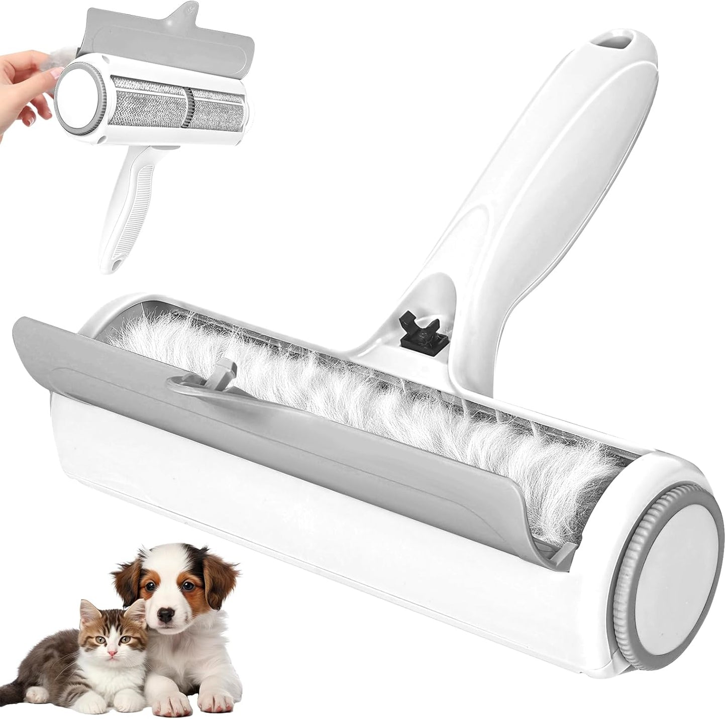 Roller Pet Hair Remover – Reusable Lint Roller for Dog & Cat Hair on Furniture, Couch, Carpet, Rugs, Bedding & Car – Portable, Eco-Friendly (White Gray)
