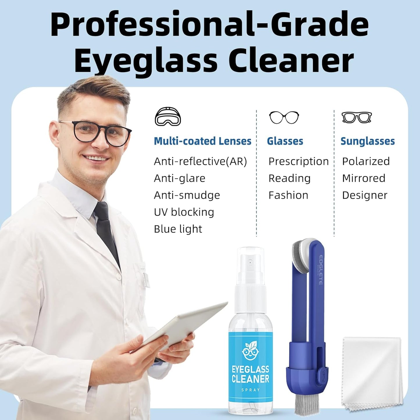 Glasses Cleaner Eyeglass Cleaning Kit, Lens Cleaners Spray with Microfiber Cloth, Portable Glasses Cleaning Kit for Travel, Safe Eyeglasses Cleaner Tool, No Streaks Scratch, Black