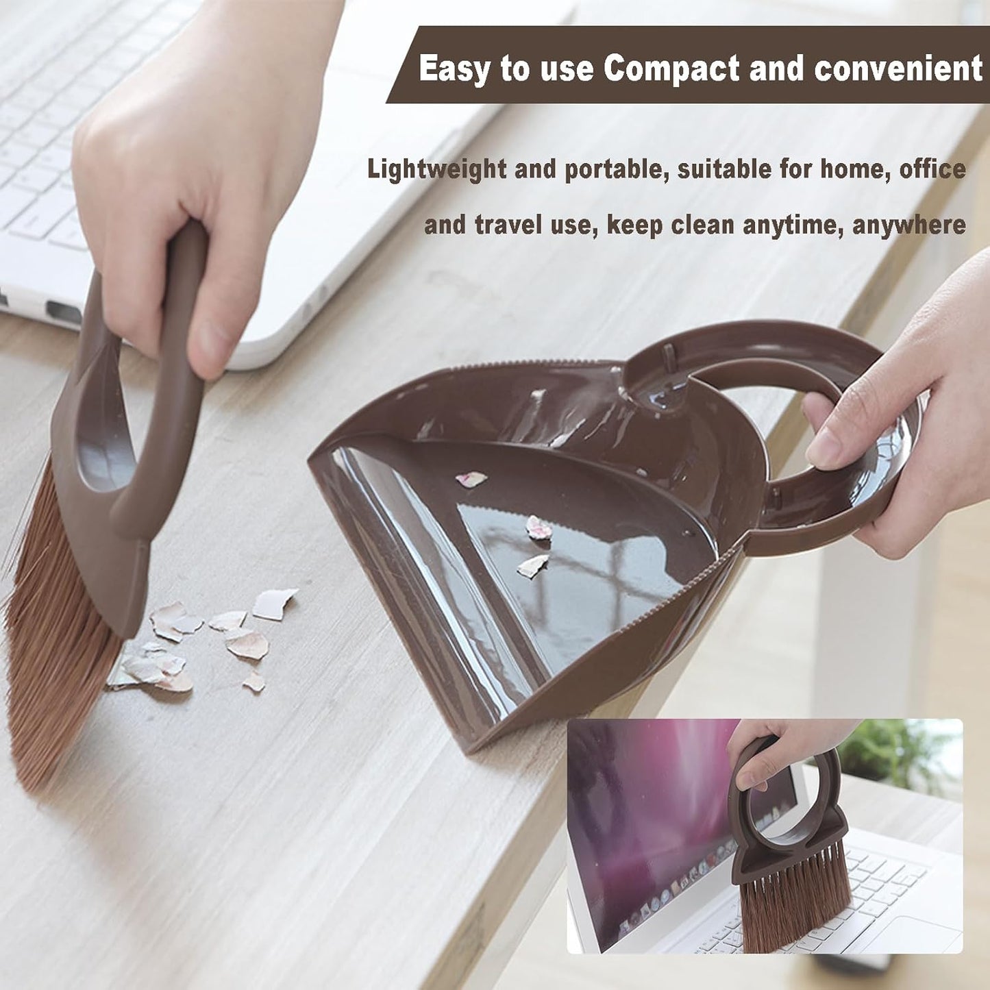 Round Handle Brush and Dustpan Set Small Broom & Dustpan Portable Handheld Sweeper for Desktop Sofa Floor Pet Nest (Off White)
