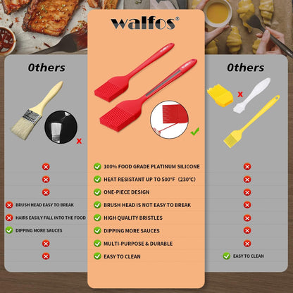 Walfos Silicone Basting Pastry Brush, Heat Resistant Pastry Brush Set, Strong Steel Core and One-Pieces Design, Perfect for BBQ Grill Baking Kitchen Cooking, BPA Free and Dishwasher Safe, 2 Pcs (Blue)