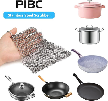 8"x6" Cast Iron Scrubber Stainless Steel Chainmail Cleaner for Pre-Seasoned Pans, Griddles, BBQ Grill and Pot Cookware Cleaning