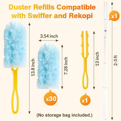 30 Count Duster Refills for Swiffer Dusters, Multisurface 360 Dusters with 3ft Extendable Handle and 1 Short Handle, Disposable Duster Kit for Dusting Furniture Blinds Fans Walls