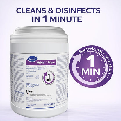 Oxivir Diversey 1 Disinfectant Wipes, AHP Hydrogen Peroxide Cleaner, Multi-Surface Cleaner for Home & Commercial Use, Large Wipes, 60 Count Canister