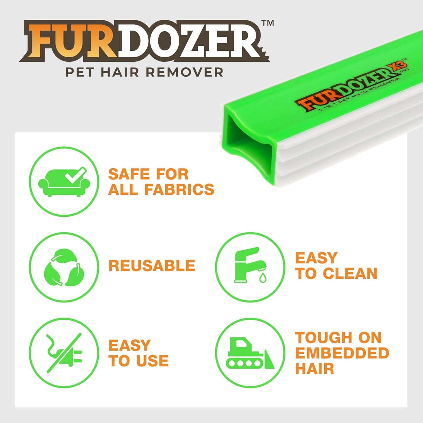 FurDozer Pet Hair Remover & Auto Detailing Tools - Cat & Dog Hair Remover for Carpets, Car Interiors, Couches, Bedding, & Pet Furniture (Gray, X3 PRO - 5" Long)
