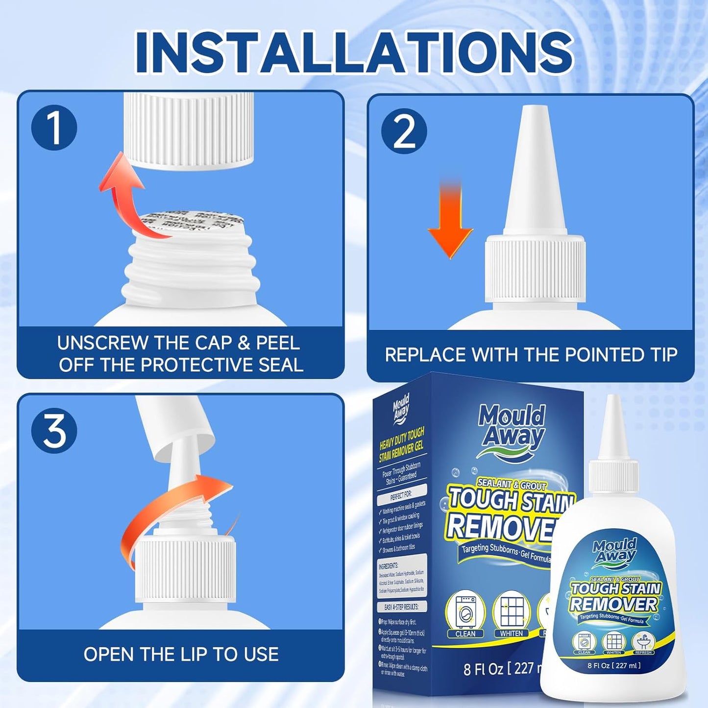 Tough Stain Remover Gel - Washing Machine Cleaner for Front Load Washer Seals, Bathroom Showers & Tile Grouts, Thick No-Drip Formula, Non-Toxic, 8 fl oz (Pack of 1)