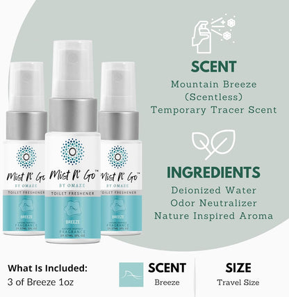 Mist N’ Go by Omaze Travel Bathroom Spray for Toilet Spray Odor Eliminator - Travel Toilet Spray for Bathroom Air Freshener Spray for Bathroom Deodorizer - Clean Mix, Travel Size (1oz x2)