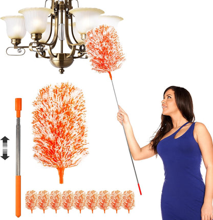 20-49inches Extendable Microfiber Feather Duster with 10pcs Replaceable Heads, Extra Long Bendable Duster for Cleaning, Electrostatic Dust Remove for Furniture, Ceiling, Window,etc (Navy Blue)