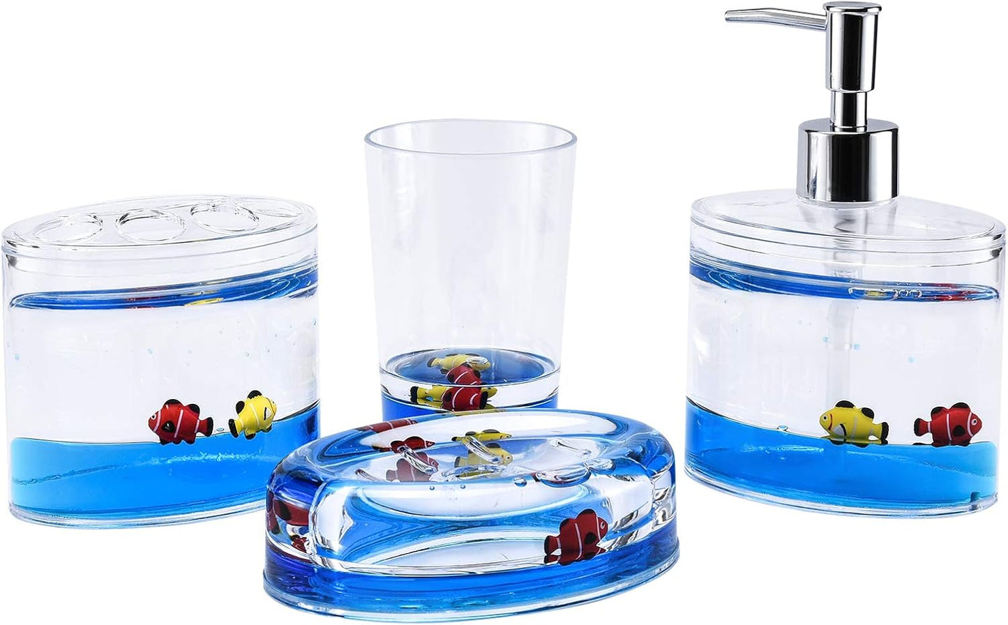 Locco Decor 5 Piece Acrylic Liquid 4D Floating Motion Bathroom Vanity Accessory Set Garden Botanic Green Plants Toothbrush Holder, Tumbler, Soap Dispenser, Soap Dish, Toiletbrush Holder Set