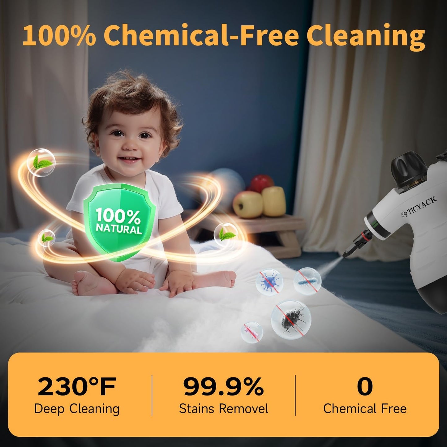 TICYACK Handheld Steam Cleaner, Steam Cleaner with 16 PCS Accessory & Safety Lock, 500ML Capacity, Multi-Surface Deep Cleaning for Home, Car, Bathroom, Grout, Floor, Window (White)