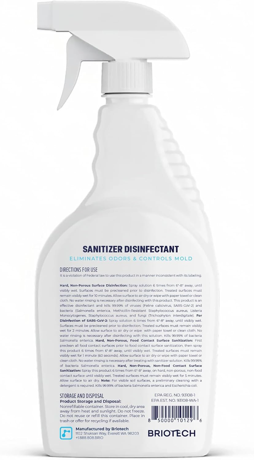 BRIOTECH Sanitizer Disinfectant Hypochlorous, Kill 99.99% of Viruses & Bacteria, Control Mold, Eliminate Odor, Gentle for Nursery & Play Rooms, Food Contact Surface Sanitizer, 1 Gallon Refill