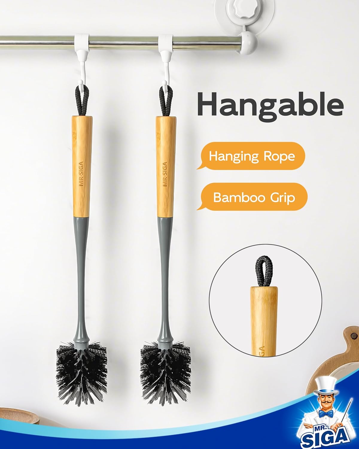 MR.SIGA Water Bottle Brush, Long Handle Bottle Brush for Water Glasses, Baby Bottles, Sports Bottles Cleaning, Black, 2 Pack