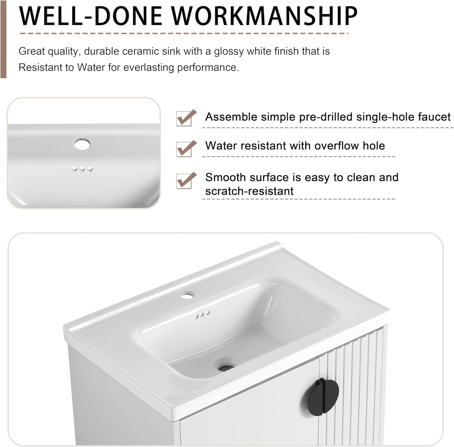 SSLine Modern 24-Inch Bathroom Vanity with Sink Wall Mounted Bathroom Vanity with Top Basin & Storage Cabinet White Wood Floating Vanity w/Ceramic Sink & Gold/Black Handles for Small Space