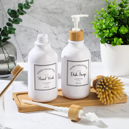 Zopeal 4 Pcs 16 oz Kitchen Soap Dispenser Set with Bamboo Tray and Dish Brush Plastic Soap Dispenser Set with Waterproof Labels for Hand Dish Lotion(Frosted Black)
