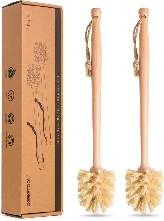 DEBETOOL 2-Pack Natural Wooden Bottle Brush with Sisal Bristles, Long Handle Bottle Brush Cleaner for Wide Mouth Jars, Water Bottles, Cups, Glasses, Baby Bottles (Non-Scratch)