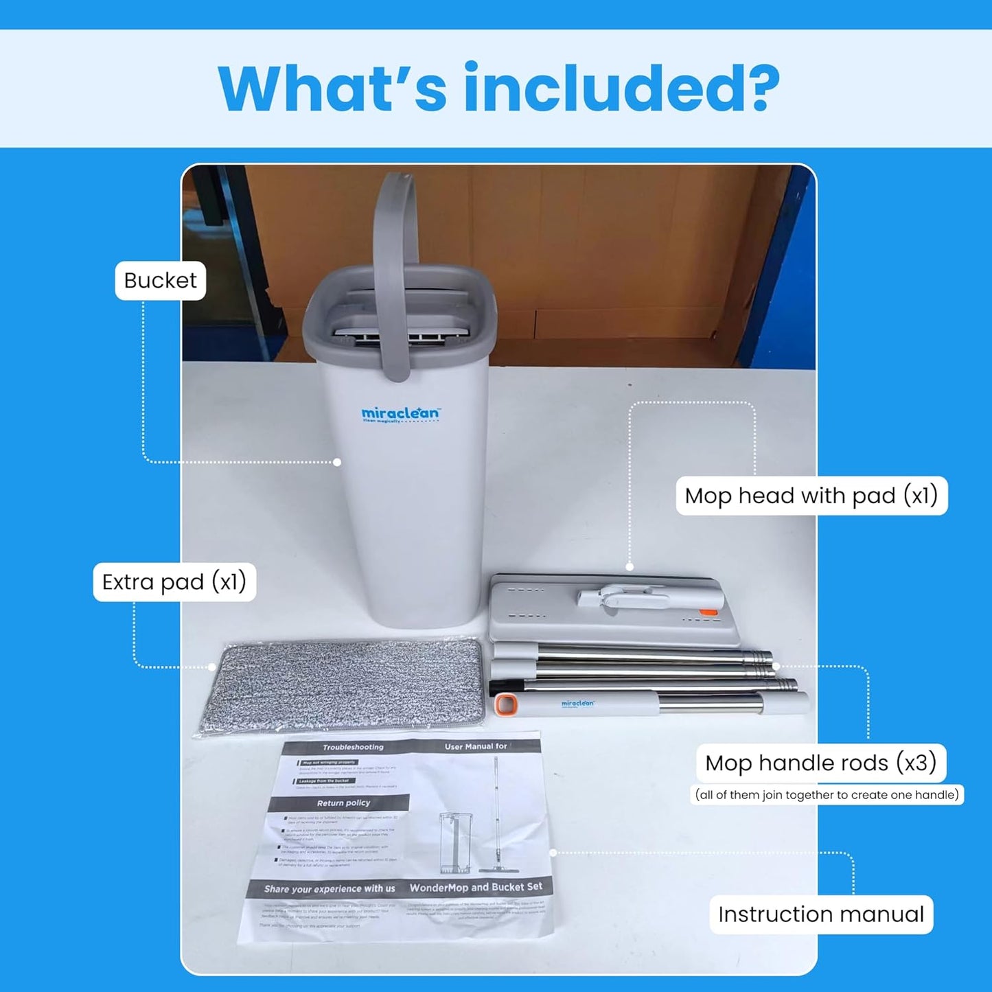 WonderMop and Bucket Set - 6L Bucket Capacity, 54-Inch Pole - Flat Mop and Bucket System - Microfiber Mop & Bucket Floor Cleaning System - Separate Dirty and Clean Water Compartments