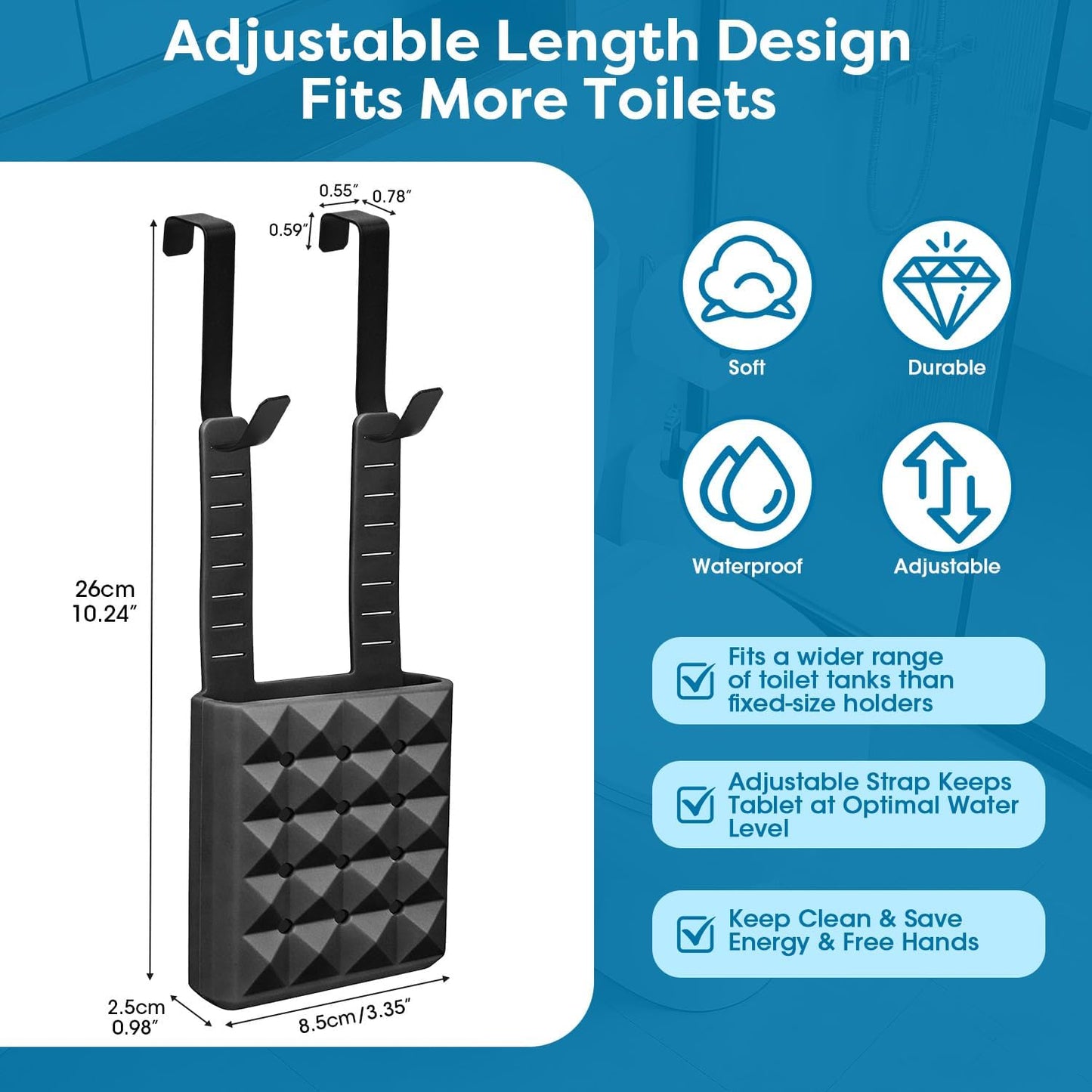 Adjustable Toilet Tank Cleaning Tablet Holder-Hanging Silicone Basket Carrier with Rustproof Hooks for Bowl Cleaner & Bleach Tablet Organizer, Accessory Fit Up to 7" Water Level