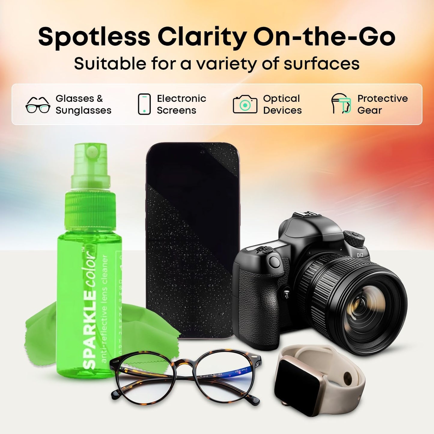 Sparkle Anti-Reflective Safe Lens Cleaner Spray Kit - (2) 1oz Glasses Cleaner Spray & (2) Microfiber Cloth for Eyeglasses, Sunglasses, Lenses, Screens and Camera Cleaning Kit (4 Piece Set)
