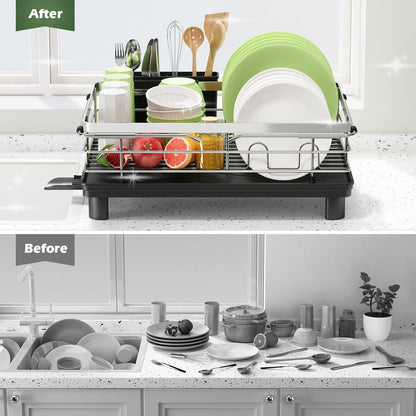 JASIWAY Dish Drying Rack in Sink, Expandable Stainless Steel Dish Drainers for Kitchen Counter, Dish Dryer Rack for Inside Sink, Over The Sink Dish Racks with Utensil Holder, Silver
