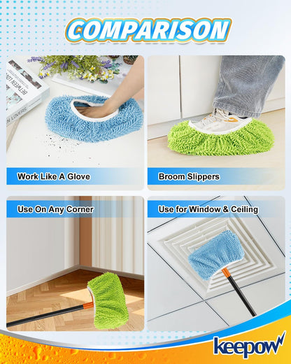 KEEPOW 4 Pack Washable Chenille Broom Pads, Baseboard Cleaner Cloth Covers for Daily Dusting, Reusable Broom Covers Compatible with Standard Brooms Under 11×5.9 in for Floors & Walls (Blue & Green