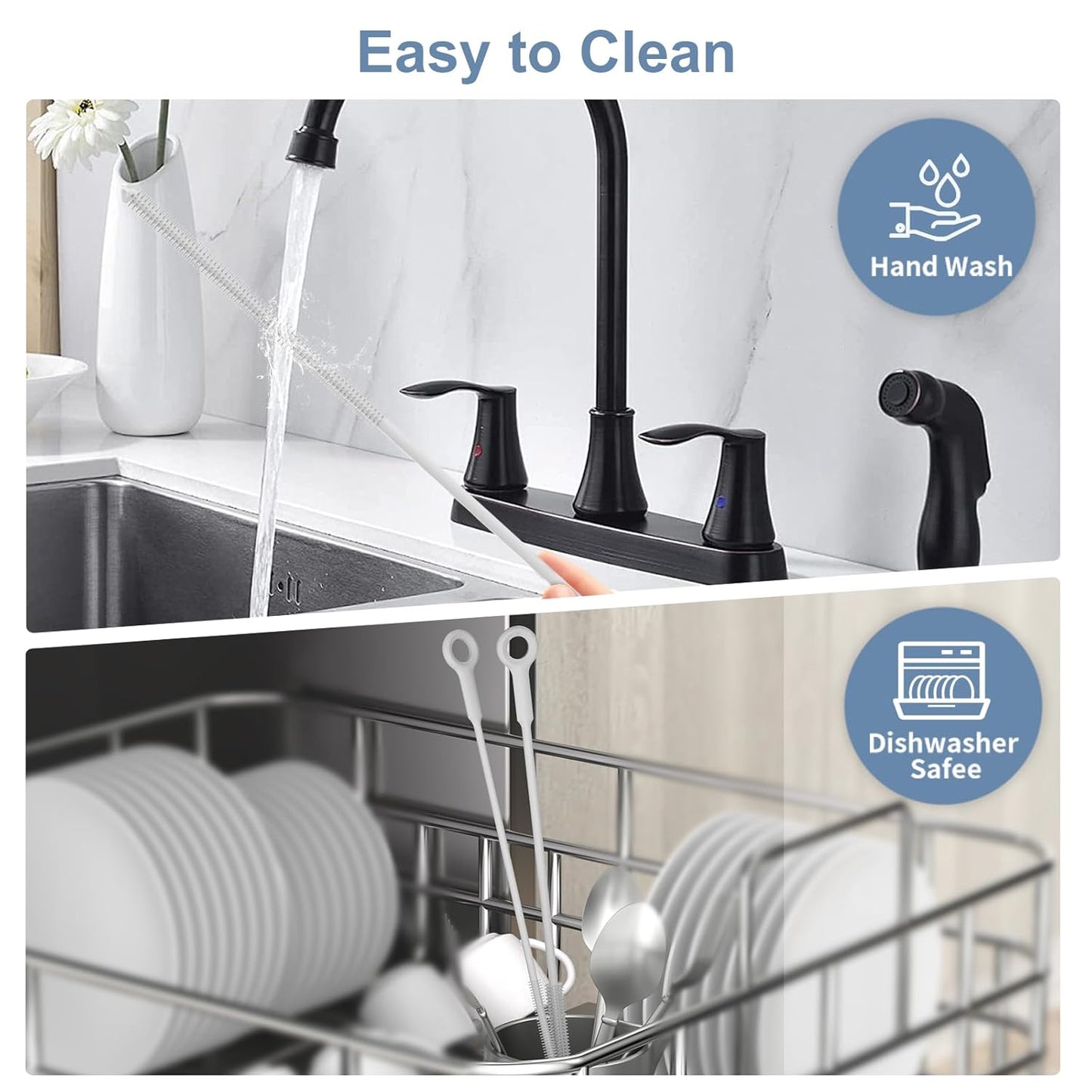 Reusable Silicone Straw Cleaner Brush Set, 2-Pack Extra Long Straw Cleaning Brush for Metal Glass Water Bottle Drinking Straws, Flexible&Bendable Design, Dishwasher Safe, 6mm & 8mm Diameter