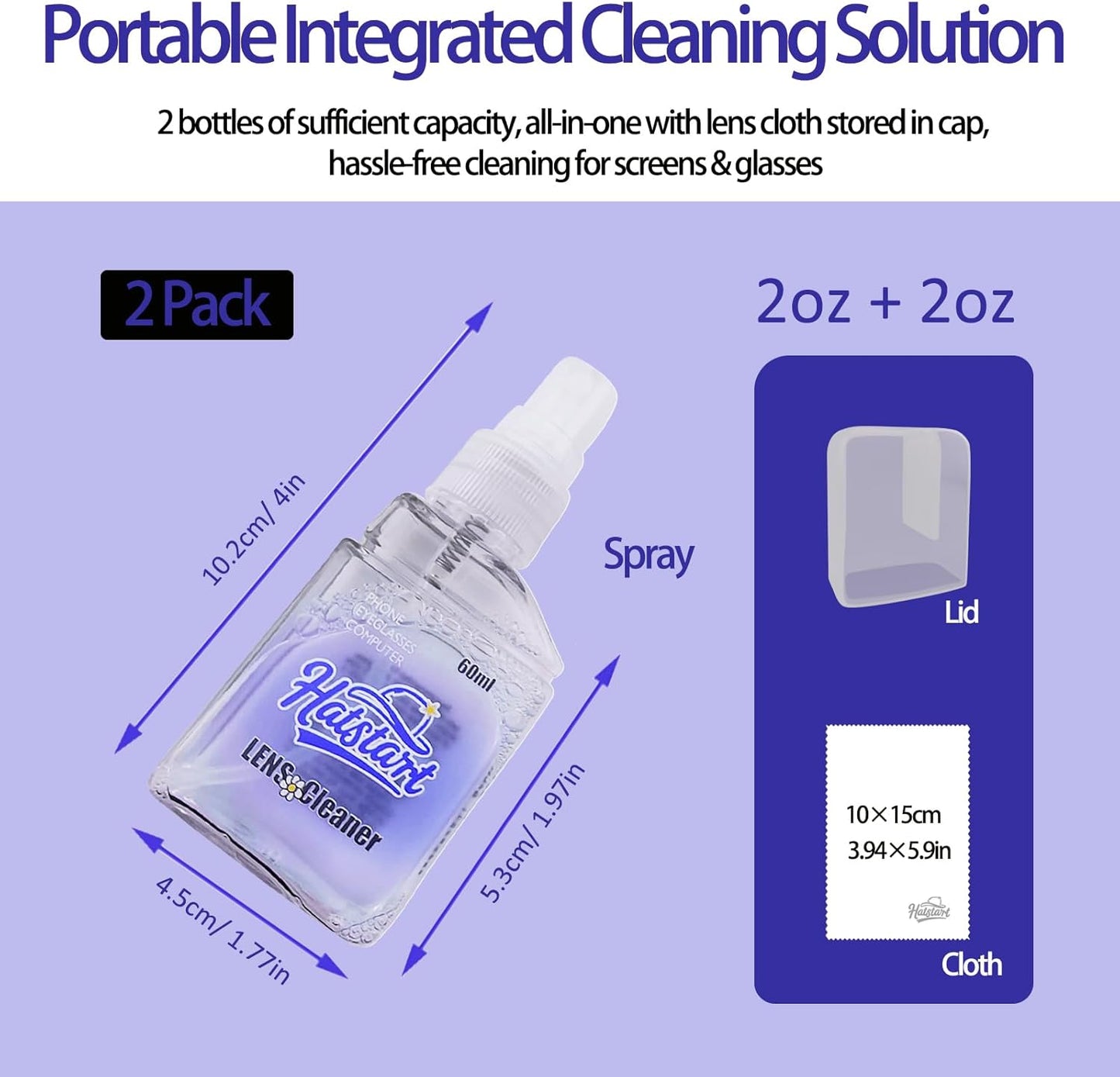 2-Pack Eye Glasses Cleaner Spray, Travel-Sized Screen Cleaning Kit with Touchscreen Mist for iPhone, Sunglasses, Computer, Laptop Screens, Phone Electronics with Eyeglass Cloth and Case Lid - Hatstart