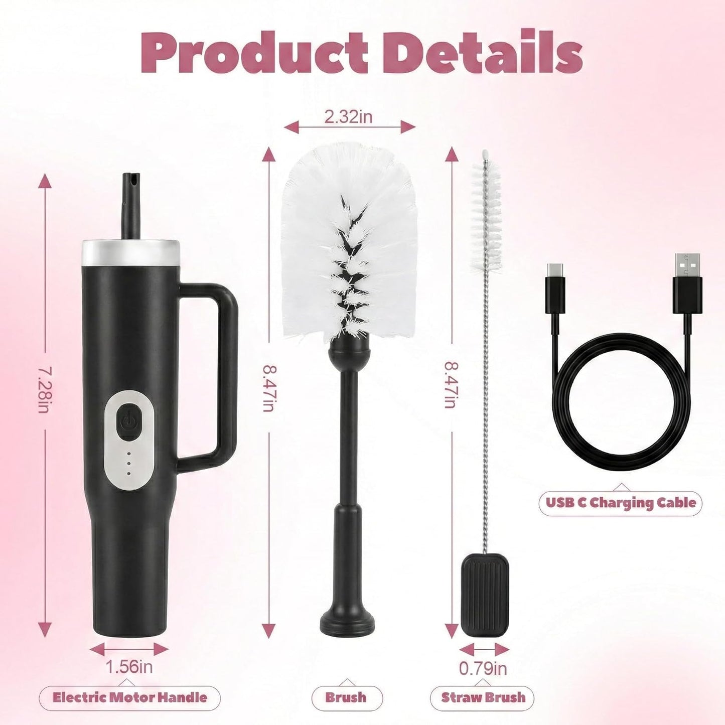 Rechargeable Electric Bottle & Cup Brush, 360° Thorough Cleaning Without Blind Spots, Suitable for Baby Bottles, 40-Ounce Mugs, Straws, Wine Glasses, etc., Easy to Air-Dry and Portable
