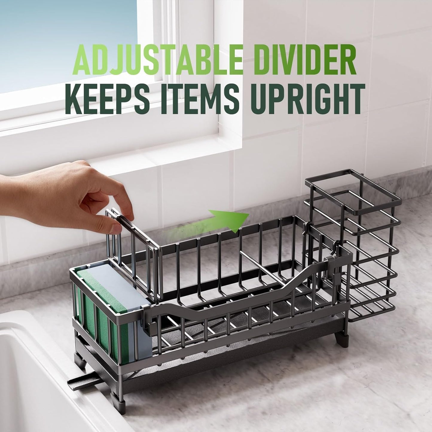 Sponge Holder for Kitchen Sink, Kitchen Sink Caddy with Long-Handled Dish Brushes Holder, 304 Rustproof Stainless Steel Countertop Organizers and Storage, Home Kitchen Sink Accessories(Silver)