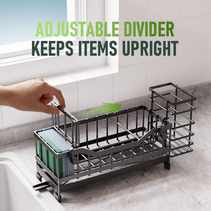 Sponge Holder for Kitchen Sink, Kitchen Sink Caddy with Long-Handled Dish Brushes Holder, 304 Rustproof Stainless Steel Countertop Organizers and Storage, Home Kitchen Sink Accessories(Silver)