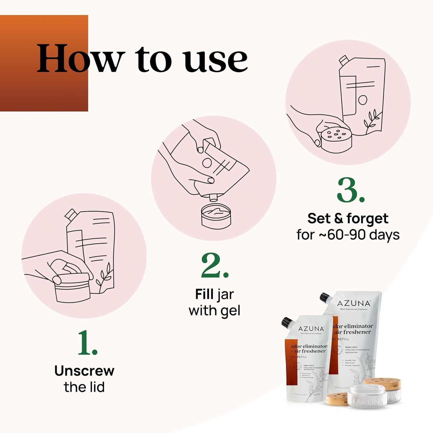 Azuna Air Freshener & Odor Eliminator for Strong Odor | 2 Room Kit Includes (2) 8 oz. Empty Luxe Glass Jars & 12 oz | Refill with Tea Tree Essential Oil Gel | Amalfi Breeze | Last 60-90 Days