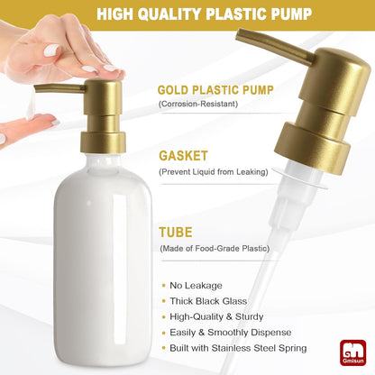 GMISUN Kitchen Soap Dispenser Set, 16 Oz Hand and Dish Soap Dispenser with Ceramic Tray & Bamboo Dish Brush, 2 Pack White Glass Liquid Pump Bottle, Modern Farmhouse Refillable Dish Soap Bottle