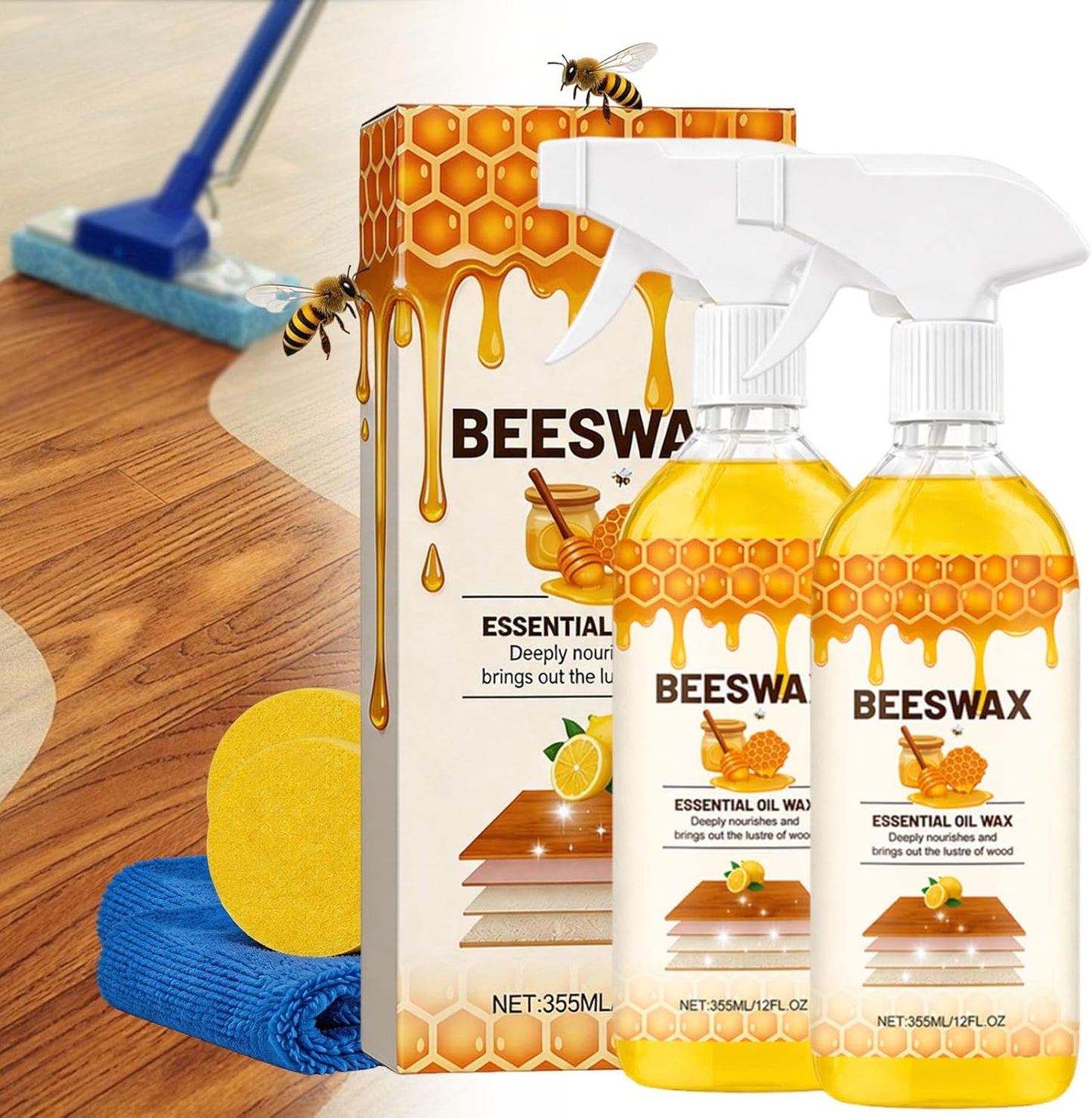 355ml Micro-Molecularized Natural Beeswax Floor Polish Spray, Beeswax Essential Oil Wax, Bees Wax Wood Polish Spray, for Living Rooms, Kitchens, Wood Furniture Floor (1PCS)
