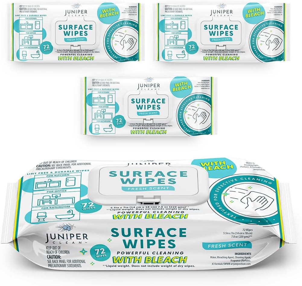 Juniper CLEAN 3 Pack Surface Cleaning Wipes with Bleach, All-Purpose Cleaner for Bathroom, Kitchen, Office, 216 Count Soft Flow, Fresh Scent, Lint Free & Durable