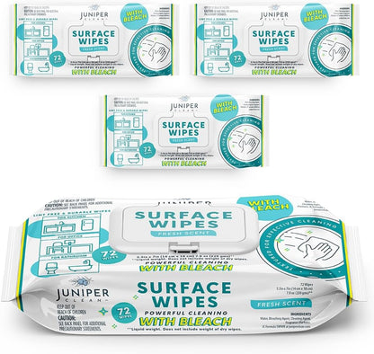 Juniper CLEAN 3 Pack Surface Cleaning Wipes with Bleach, All-Purpose Cleaner for Bathroom, Kitchen, Office, 216 Count Soft Flow, Fresh Scent, Lint Free & Durable